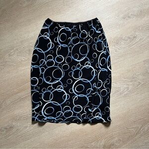 George Stretch Waist Skirt A-Line Black with Blue Circle Pattern Knee Length